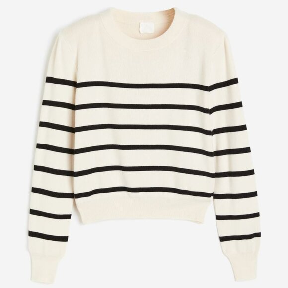 H&M Cream Black Striped Pattern Round Neck Shoulder-pad Jumper Sweater Size L - Picture 1 of 4